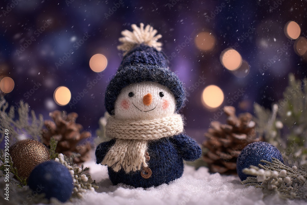 Obraz premium Knitted winter figure wearing warm attire stands in falling snow amid decorative elements