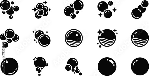 Soap Bubbles Icon Set, Assorted Sizes, Glossy Spheres, Transparent Background, Minimalist