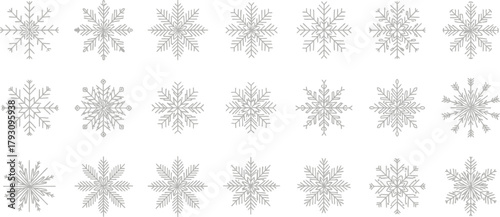 Snowflakes Set Silver Outline on White Background