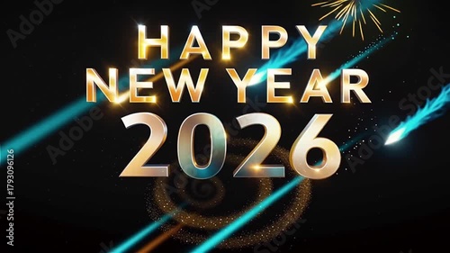 Golden “Happy New Year 2026” text with shining stars and shooting meteors on a dark space background. Animated greeting for New Year’s celebrations, events, or digital content.