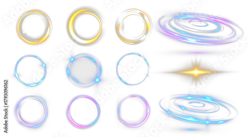 Foto Glowing tornado vortex light rings set in gold, blue, and purple colors, swirling energy circles and spark effects, futuristic abstract elements on black background