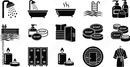 Spa Day Icons Set Black and White Shower, Bathtub, Pool, Candles, Robe, Soap Icons