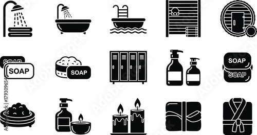 Spa and Wellness Icons Set Shower, Bath, Pool, Soap, Sauna, Candles, Towel, Robe