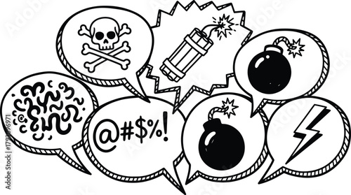 Speech Bubbles Cartoon Set With Skull, Bones, Bomb, Lightning, Noise Hand Drawn Style