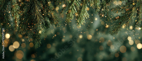 Green pine branches with golden bokeh lights and festive atmosphere