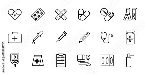 Set of medical and pharmacy icon. Collection includes heartbeat, pills, band-aid, syringe, thermometer, stethoscope, first aid kit, glucometer, pharmacy bag, clipboard, blood pressure monitor icons.