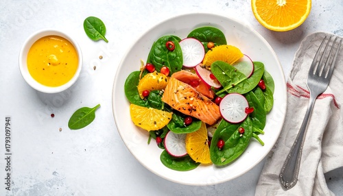 Healthy salmon salad with citrus and fresh vegetables is served.