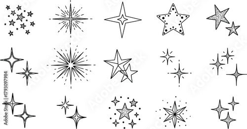 Star Doodle Set, Handdrawn Starry Collection, Sparkle Celestial Galaxy Elements