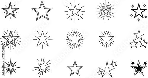 Star Doodles Collection, HandDrawn Star Icons, Black Outline Star, Transparent