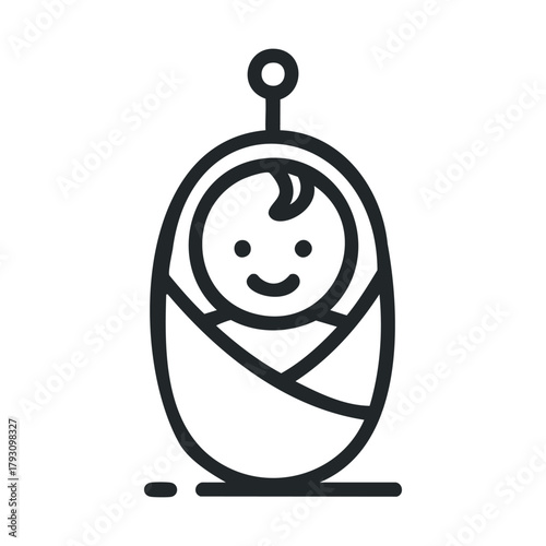 Happy baby swaddled in a cozy blanket with a mobile hanging.Vector 