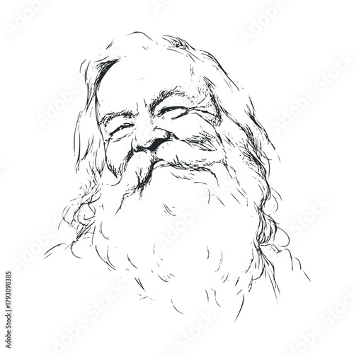 Happy elderly man with a beard expressing joy and warmth.Vector hand draw
