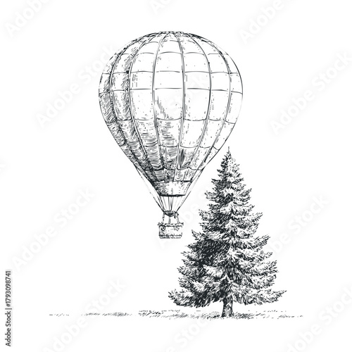 Hot air balloon floating above a tall pine tree in a clear sky.Vector hand draw