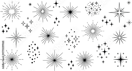Starburst and Sparkle Icons, Celestial Elements, Line Art, Transparent Background