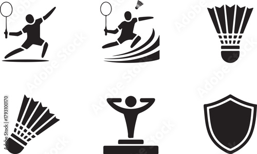 Badminton Sport Icons with Players and Equipment Keywords: badminton, sport, game, competition
