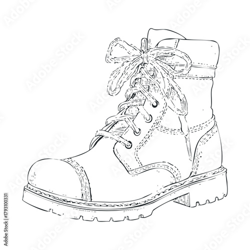 Classic lace up work boot design for footwear enthusiasts.Vector hand draw