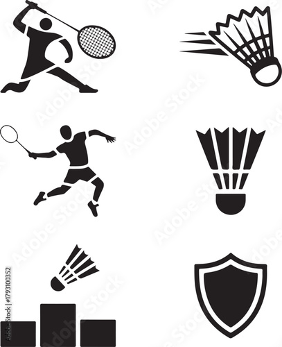 Badminton Player Silhouettes and Icons Keywords: badminton, sport, game, competition, player