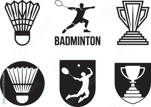 Badminton Icons Featuring Shuttlecock Trophy and Player Keywords: badminton, sport, game