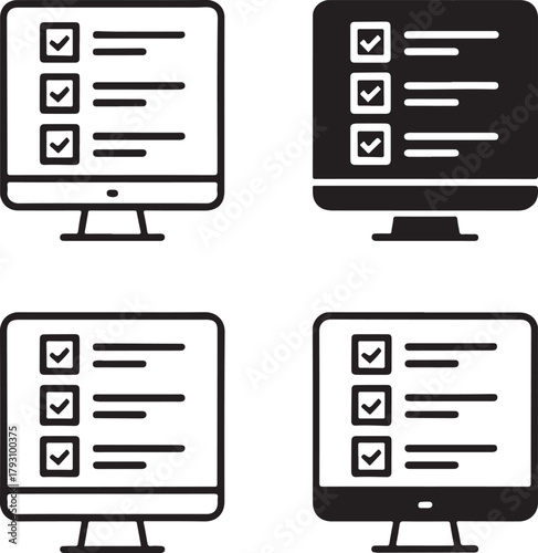 Isolated Online Survey black vector icon set, online survey icons, feedback questionnaire analytics, solid black outline filled minimal thin stroke, research response symbols