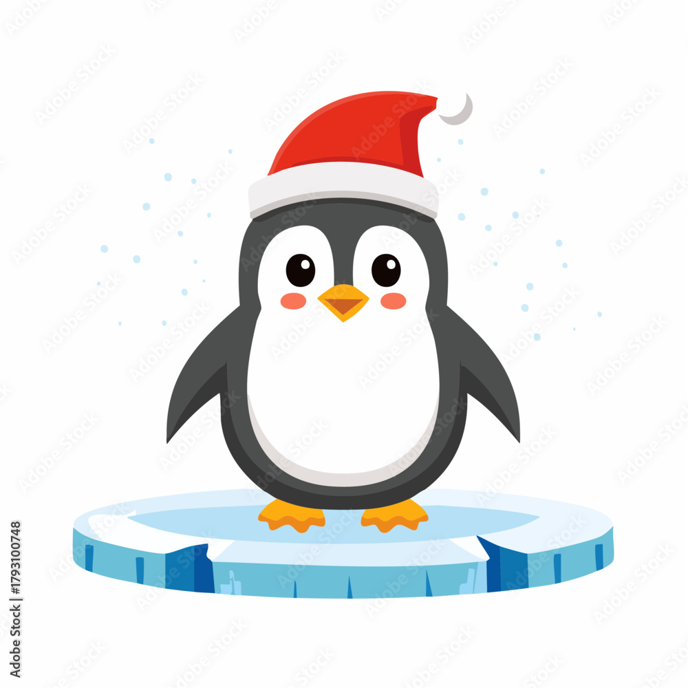 Fototapeta premium Cute cartoon penguin character wearing a red Santa hat, standing proudly on an arctic ice floe, a delightful symbol of winter wonder and holiday cheer
