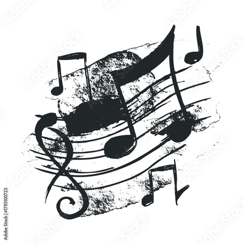 Musical notes and symbols create a dynamic rhythm design.Vector hand draw