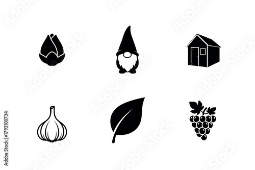 A gnome is sitting on a leaf. A house is behind the gnome