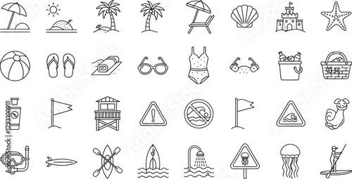 Summer Vacation Line Icons Set Beach Umbrella, Palm Trees, Swimsuit and Sea Activities