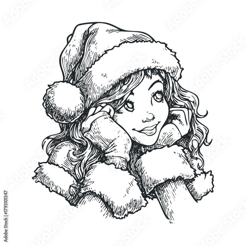 Young girl in winter attire with a festive hat celebrating holidays.Vector hand draw