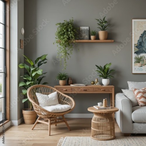 Cozy and Inviting Living Room with Rattan Furniture and Abundant Green Plants