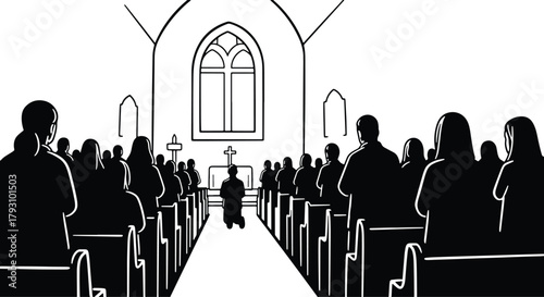 Church service drawing showing a gathering of people worshiping together
