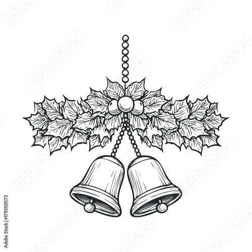 Classic holiday bells adorned with evergreen leaves and berries.Vector hand draw