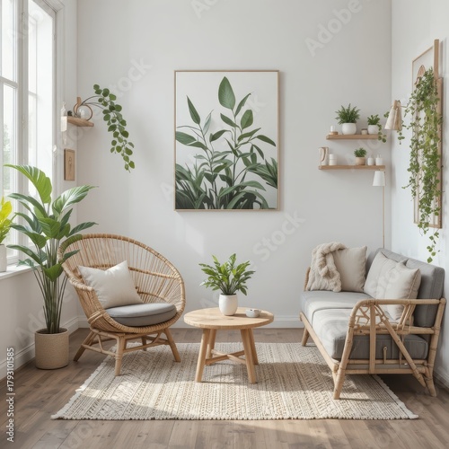 Bright and Cozy Living Room with Rattan Furniture and Indoor Plants in Minimalist Design