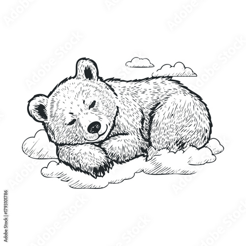 Cute bear sleeping on fluffy clouds in a dreamy scene.Vector hand draw