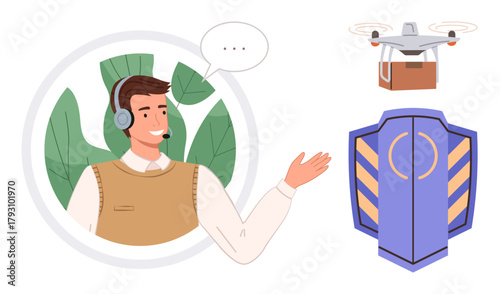 Customer service representative wearing a headset gestures while explaining quadcopter delivery and shield security concept. Ideal for logistics, customer support, safety, technology, delivery