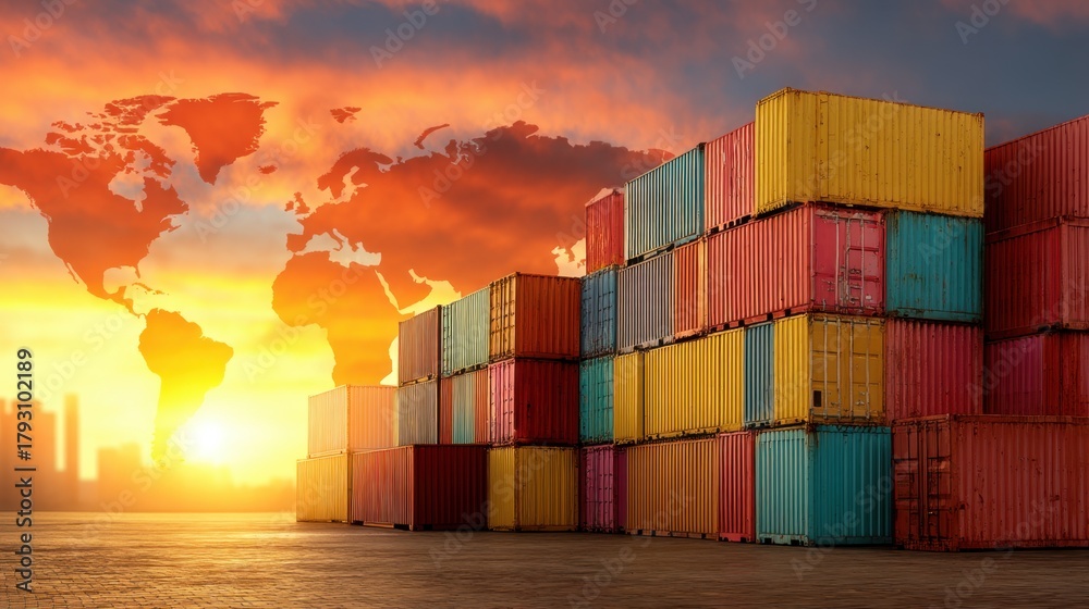 Fototapeta premium Stack of colorful shipping containers with world map overlay at sunset. Global logistics and international cargo transport concept. Trade.