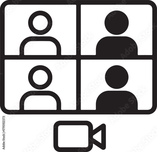 Isolated Video Conference black vector icon set, video conference icons, online meeting team chat, solid black outline filled minimal thin stroke, remote communication office symbols