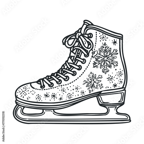 Winter ice skating boot with decorative snowflakes for print design.Vector hand draw