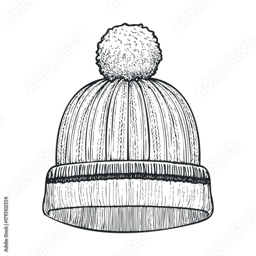 Cozy knit winter hat with pompom for cold weather activities.Vector hand draw