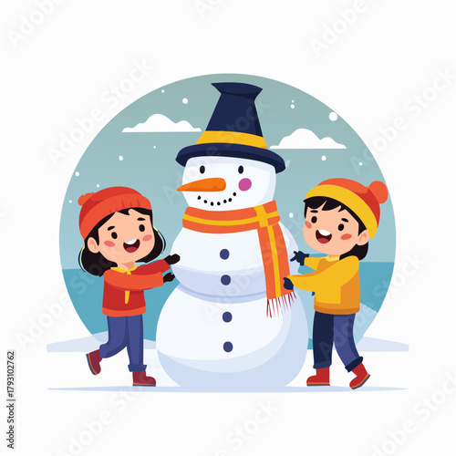 Cheerful children collaborate joyfully to construct a classic snowman in a picturesque snowy landscape, embracing the festive spirit of winter season activities