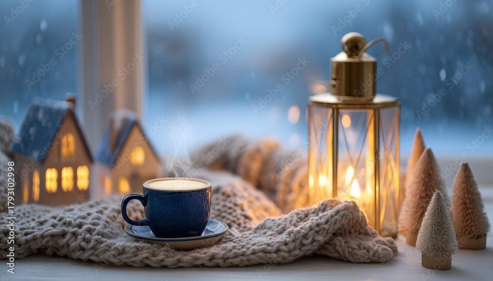 Fototapeta premium Warm beverage steams beside glowing lantern and miniature houses on a snowy day indoors