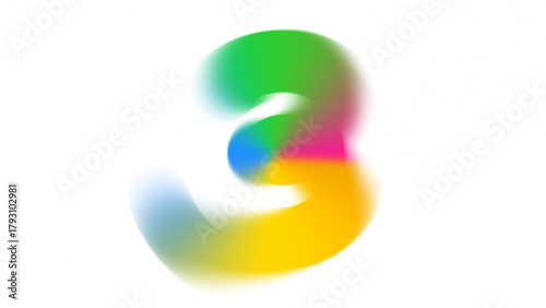 A vibrant, blurry number three (3) in rainbow colors on a transparent background.