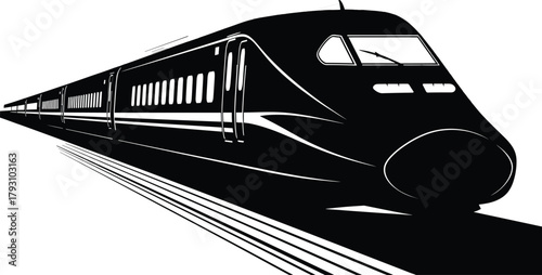 Black and white graphic of a high speed train bullet train, train, high speed train, bullet train, transportation, travel, speed, motion, journey, locomotive, rail, railway, track, silhouette, black a