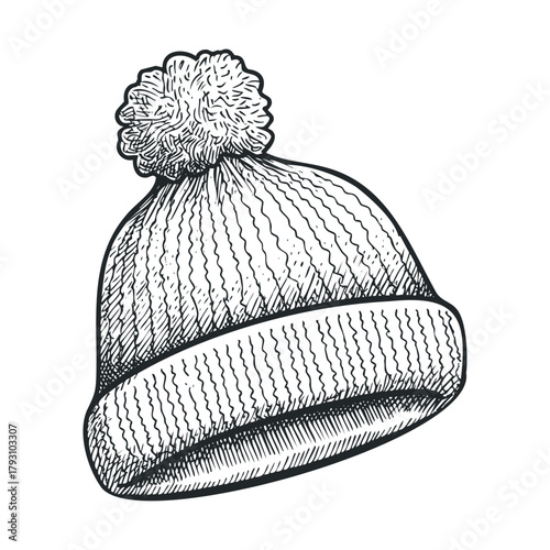 Warm knit hat with pompom for cold weather wear and style.Vector hand draw
