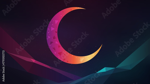 Modern Islamic abstract vector background featuring a crescent moon, polygonal shapes, and bright gradient overlays. Perfect for dynamic, spiritual, and festive design projects.