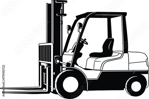 Black and white illustration of a forklift truck industrial vehicle, forklift, truck, industrial vehicle, heavy equipment, machinery, lifting, material handling, warehouse, logistics, transportation, 