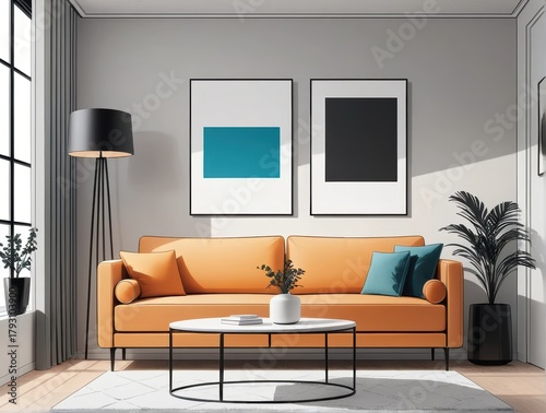 Modern Living Room Interior Design Featuring Orange Sofa and Abstract Wall Art in Bright Space