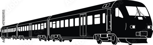 Black and white illustration of a passenger train railway, train, passenger train, railway, transportation, vehicle, locomotive, carriage, black and white, illustration, graphic, silhouette, transport