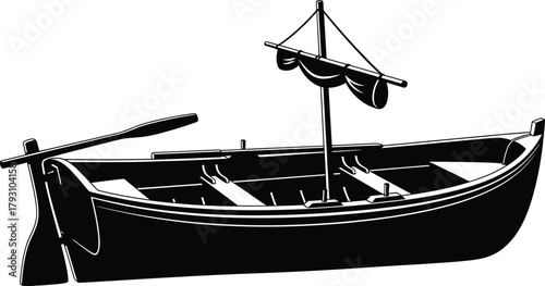 Black and white illustration of a rowboat with a sail, rowboat, boat, sail, mast, oar, watercraft, nautical, maritime, transportation, vehicle, black and white, silhouette, graphic, illustration, vint