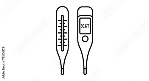 Two medical thermometers one traditional and one digital shown in a simple line art style
