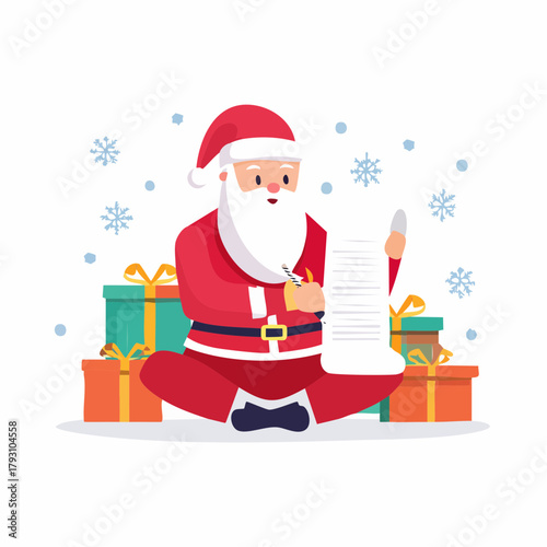 Cheerful Santa Claus checking his naughty or nice list with a quill, sitting cross-legged among festive Christmas presents and snowflakes