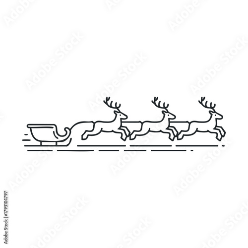 Reindeer pulling sleigh in a festive winter scene.Vector hand draw